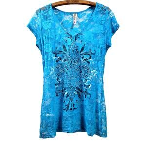 Ransom Sheer Netting Top with Fleur de Lis Design Blue Size Large Short Sleeve